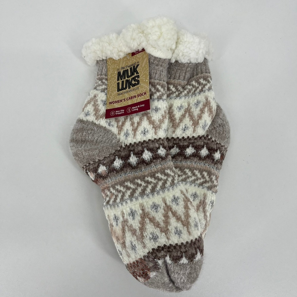 Muk Luks Womens Cabin Socks Fair Isle Faux Fur Lined Non-Slip Grey White S/M 5-7